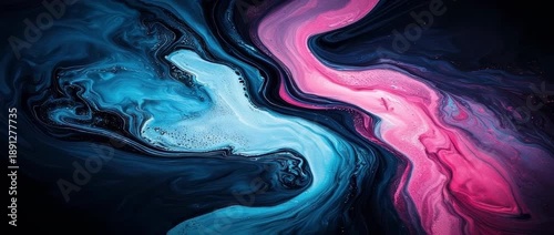 Abstract fluid art background with swirling waves of bright cyan blue and vivid magenta pink ink