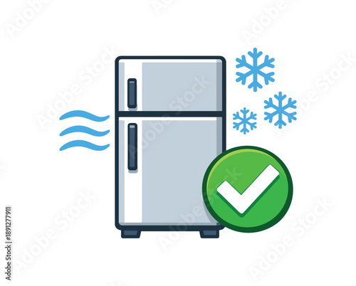 full color flat icon refrigerator with door closed tight green checkmark efficient cooling
