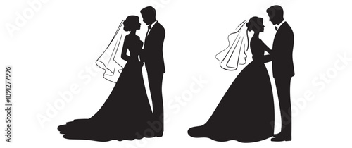 Two minimalist silhouette designs of wedding couples, bride and groom in elegant poses