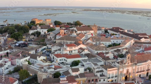Aerial view of Faro Old Town Vila Adentro at sunset Algarve Portugal