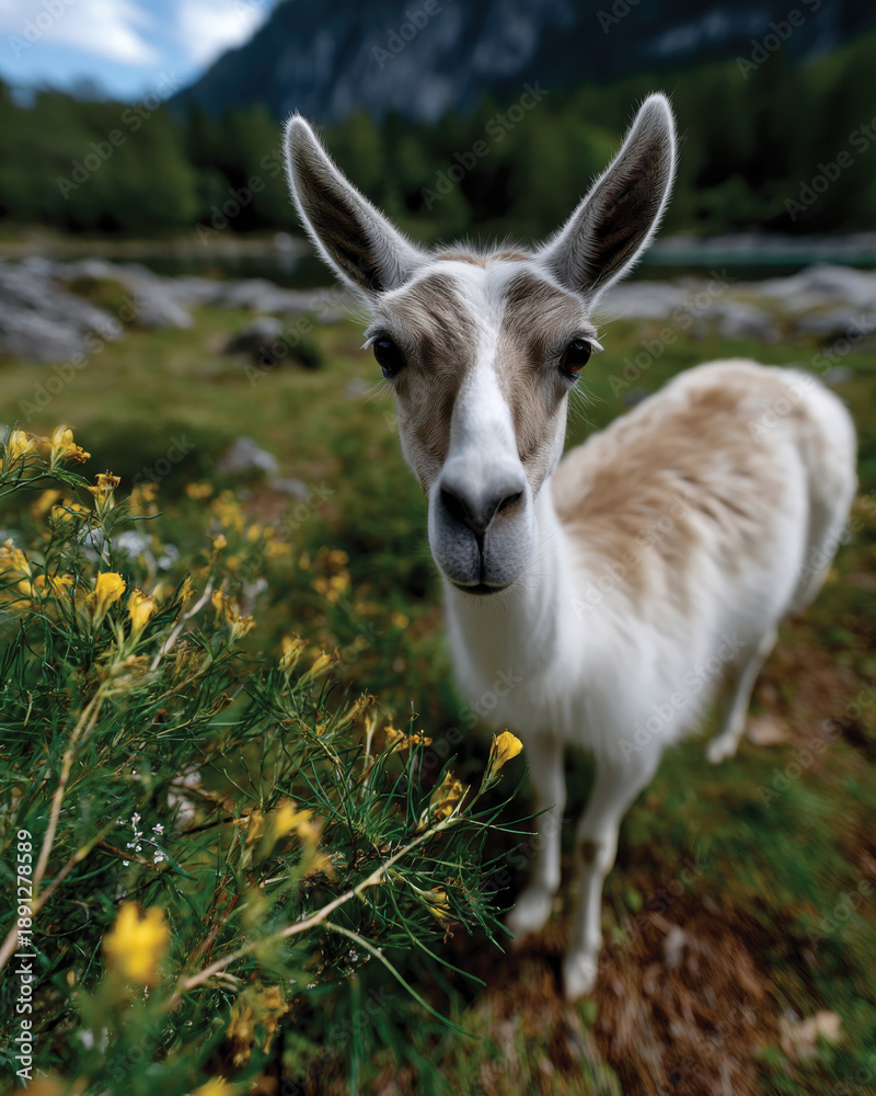 Fototapeta premium A curious llama exploring its surroundings with wildflowers framing the scene, embodying the beauty and harmony between wildlife and natural landscapes.