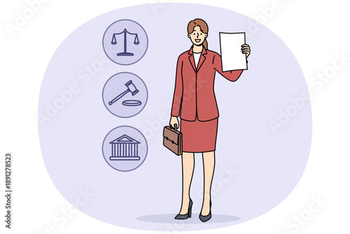 Woman lawyer demonstrates court decision on absence of claims against client, standing near legal symbols. Girl corporate lawyer with smile shows contract or permission received from ministry justice