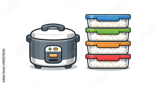 full color flat icon rice cooker and container tower next to it batch cooked rice storage