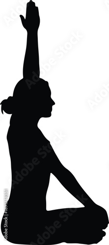 Silhouette woman in meditation pose raising one arm vector illustration