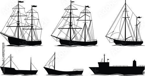 Ship silhouette icon set featuring sailing vessels and cargo boats in different styles, black maritime ship shapes isolated on white background for nautical and transport design use
