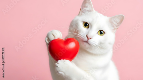 White cat holding red heart in hand on pink background