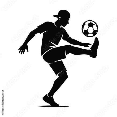 A soccer football player performing a kick or juggling a ball silhouette vector icon illustration on white background