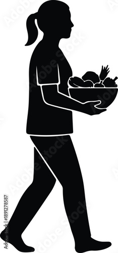 Silhouette woman walking carrying bowl full of fresh fruits and vegetables illustration vector