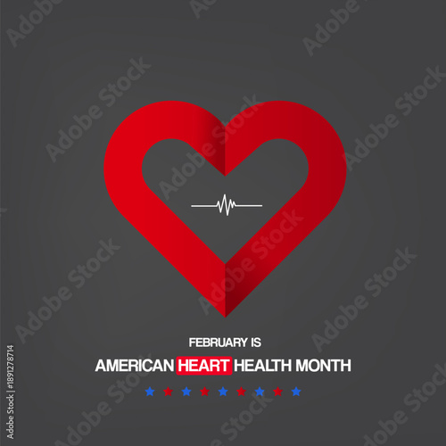 February is American Heart Month awareness square banner with red heart symbol and pulse line on dark grey background, professional medical healthcare vector design. Heart month with paper heart