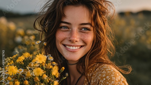 Joyful young woman adorned with flowers in her hair smiling while holding a beautiful wildflower bouquet