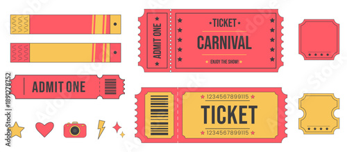 Carnival Event Ticket Set with Wristbands and Admission Stubs Flat Vector Illustration