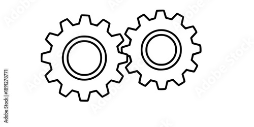 Two connected gears in one line art style. Gears drawing with editable black stroke on white background. Vector illustration.
