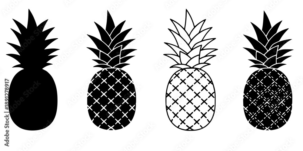 Fototapeta premium Simplified pineapple icon. Symbol of tropical fruit: black silhouette, outline lines, and dashed line. Five style variations.