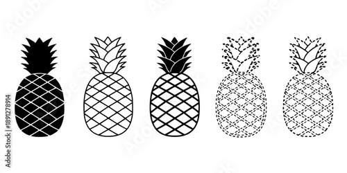 Simplified pineapple icon. Symbol of tropical fruit: black silhouette, outline lines, and dashed line. Five style variations.