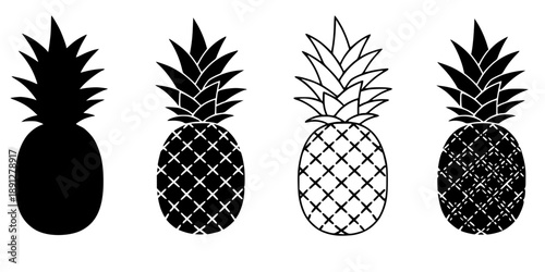 Simplified pineapple icon. Symbol of tropical fruit: black silhouette, outline lines, and dashed line. Five style variations.