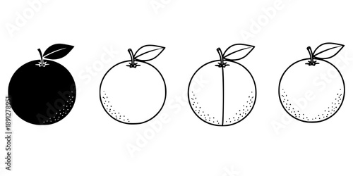 Orange icon. Citrus fruit with a leaf: black silhouette and outline lines, isolated on a white background. 