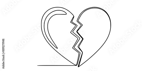 A heart broken in half with a crack in the middle. Drawing in one line art style with editable black stroke. Vector illustration.