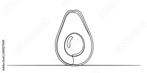 A half of a ripe avocado with a pit on a horizontal line. Drawing in one line art style with editable black stroke. 