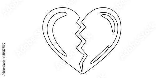 A heart broken in half with a crack in the middle. Drawing in one line art style with editable black stroke. Vector illustration.