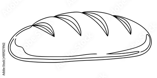 A golden loaf of fresh bread on a horizontal line. Drawing in one line art style with editable black stroke.