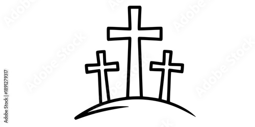 Three Christian crosses on a hill, symbolizing Golgotha, Easter, faith, and religion. Drawing in one line art style with editable black stroke. 