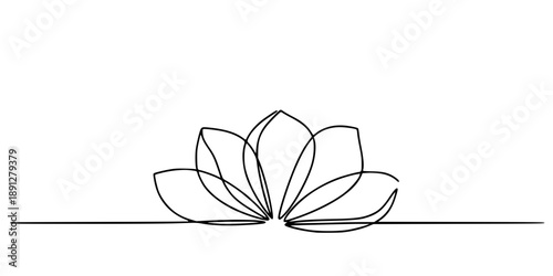 A stylized flower head with petals on a horizontal line, symbolizing spring, blooming, and minimalism. Drawing in one line art style with editable black stroke. 
