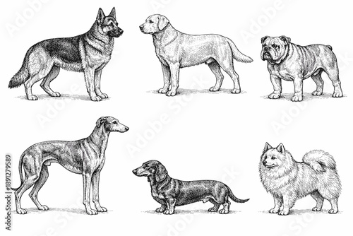 Illustration of various dog breeds: german shepherd, labrador, bulldog, greyhound, dachshund, samoyed