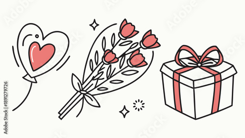 valentiRomantic Valentine's Day Gift Collection - Heart Balloon, Flower Bouquet, and Wrapped Present Vector Illustrationne  gift 9.eps