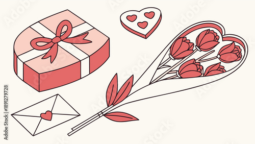 valentine  gRomantic Valentine's Day Gift Set Illustration - Heart-Shaped Box, Tulip Bouquet, and Love Letter Vector Artift 4.eps
