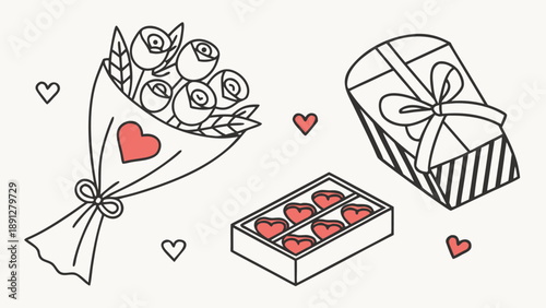 valentineRomantic Valentine's Day Gift Set Illustration - Rose Bouquet, Chocolate Box, and Heart Present Vector Art  gift 10.eps