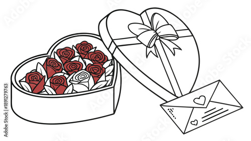 valentine  gift 1Romantic Valentine's Day Gift Box with Red Roses and Love Letter - Heart Shaped Floral Surprise Illustration4.eps