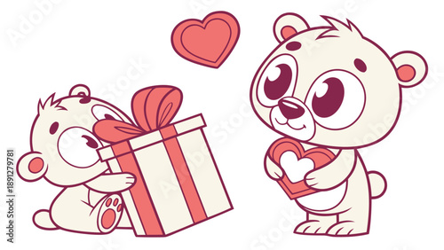 valentCute Teddy Bears with Valentine's Day Gift and Hearts - Sweet Romantic Cartoon Vector Illustrationine  gift 17.eps