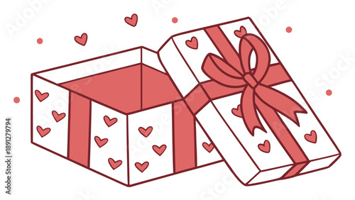 valentinRomantic Open Valentine's Day Gift Box Illustration - Flat Vector Heart Pattern Surprise with Pink Ribbone  gift.eps