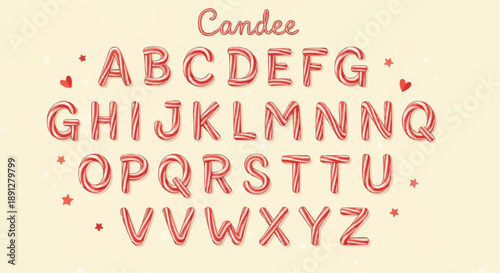 Red candee alphabet letters with hearts on cream background