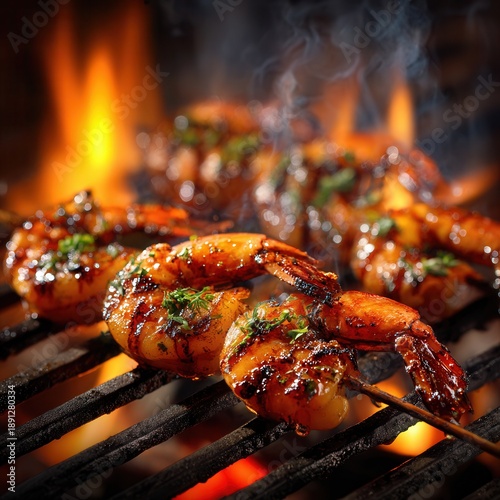 grilled shrimp skewers sizzling over an open flame, glossy glaze caramelizing on the shrimp, garnished with fresh herbs, visible flames and smoke, photorealistic food photography