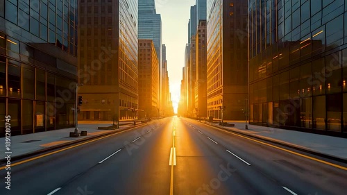 Empty city street framed by tall skyscrapers at sunrise with golden light flooding the road creating dramatic urban perspective and calm morning mood