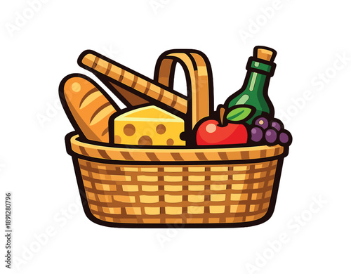 full color flat icon picnic basket slightly open showing bread cheese fruit and bottle