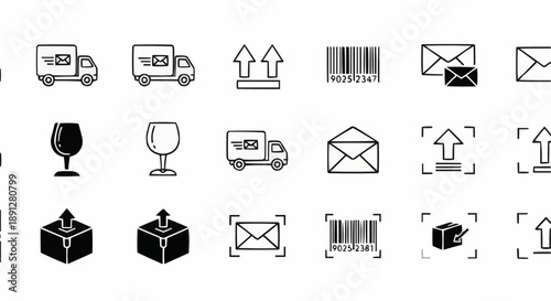 Logistics and shipping icons including trucks envelopes barcodes and boxes on white background