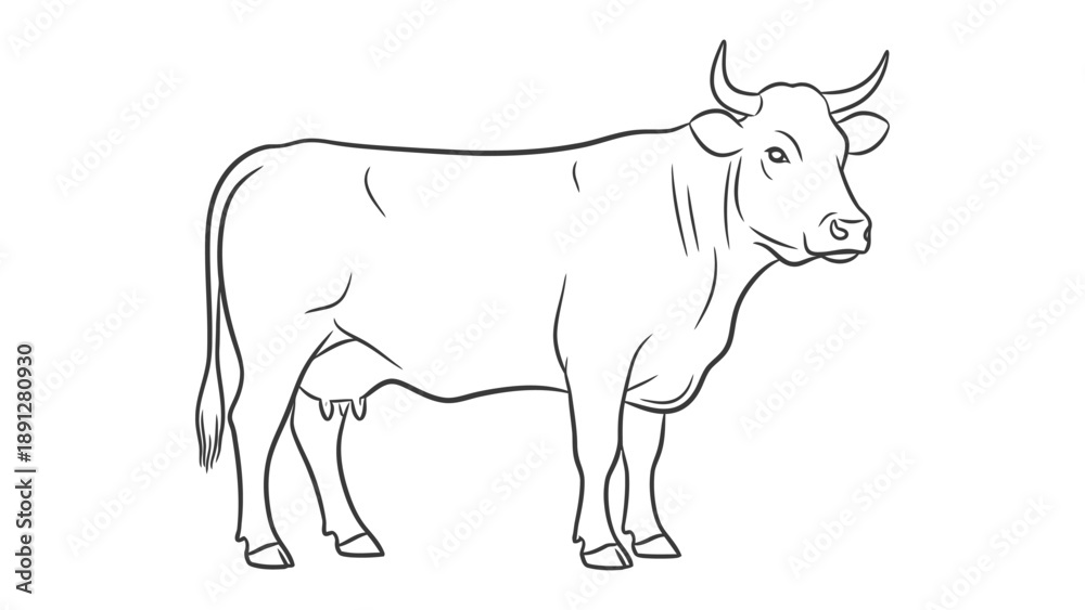Fototapeta premium Line Art Cow Portrait: A detailed line drawing of a cow standing calmly, showcasing its bovine features and horns.
