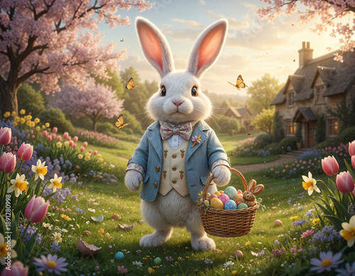 Charming Easter Bunny in a Flowery Spring Landscape