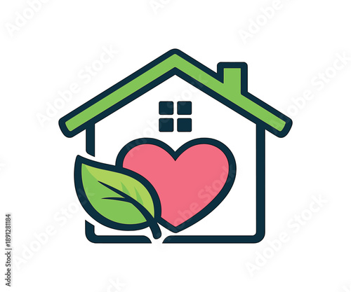 full color flat icon house outline with heart and leaf comfortable low energy living