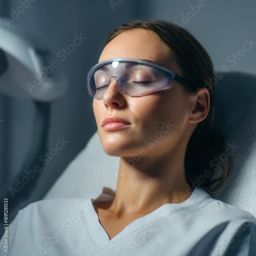 woman receiving advanced laser cosmetology treatment for skin rejuvenation in a modern aesthetic clinic, protective eyewear, high-tech medical laser device, clean and minimal clinical interior