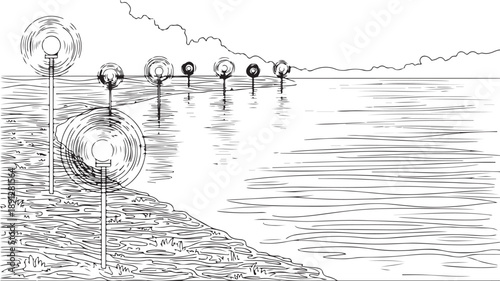 Waterfront Landscape with Circular Sculptures and Reflections on the Water - Line Art Illustration