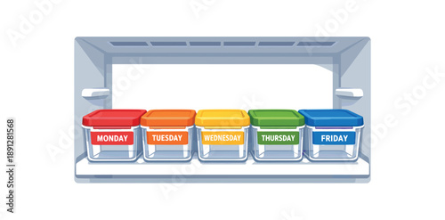 full color flat icon fridge shelf with clear boxes labeled monday to friday colorful lids