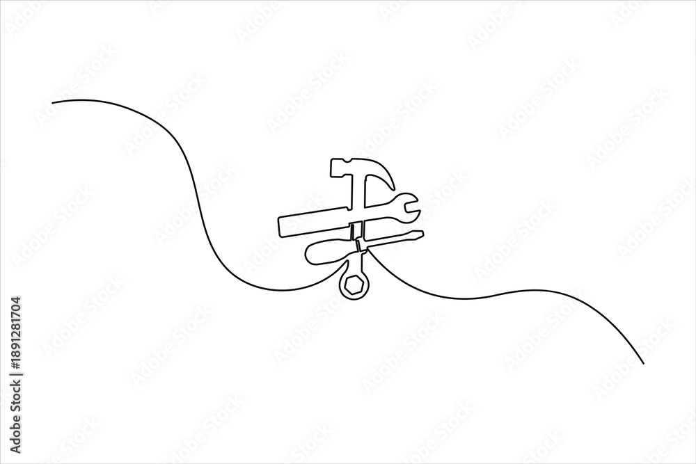 Fototapeta premium Minimalist repair icon with hammer over crossed wrench and screwdriver in a continuous one-line art style. Perfect for service and DIY branding.