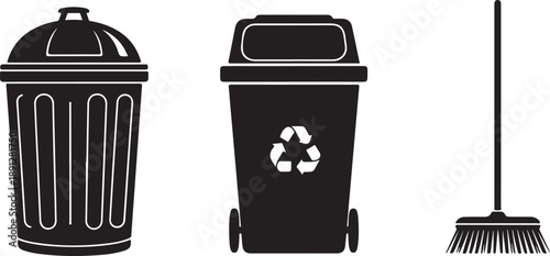 Set of Black Trash Cans and Broom: Recycling Bin, Garbage Can, and Cleaning Tool