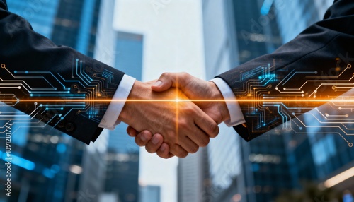 Futuristic business handshake symbolizing a digital partnership and technology-driven corporate agreement with skyscraper in background.