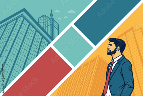 Ambitious businessman in sharp suit contemplating modern cityscape with geometric abstract colorful background symbolizing corporate growth and future vision professional career