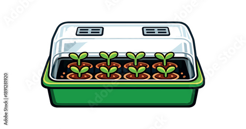 full color flat icon greenhouse box with clear lid and tiny sprouts inside seed starting station
