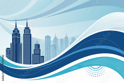 Modern corporate skyscraper cityscape vector illustration with flowing blue abstract waves and smooth lines representing urban development business growth and futuristic